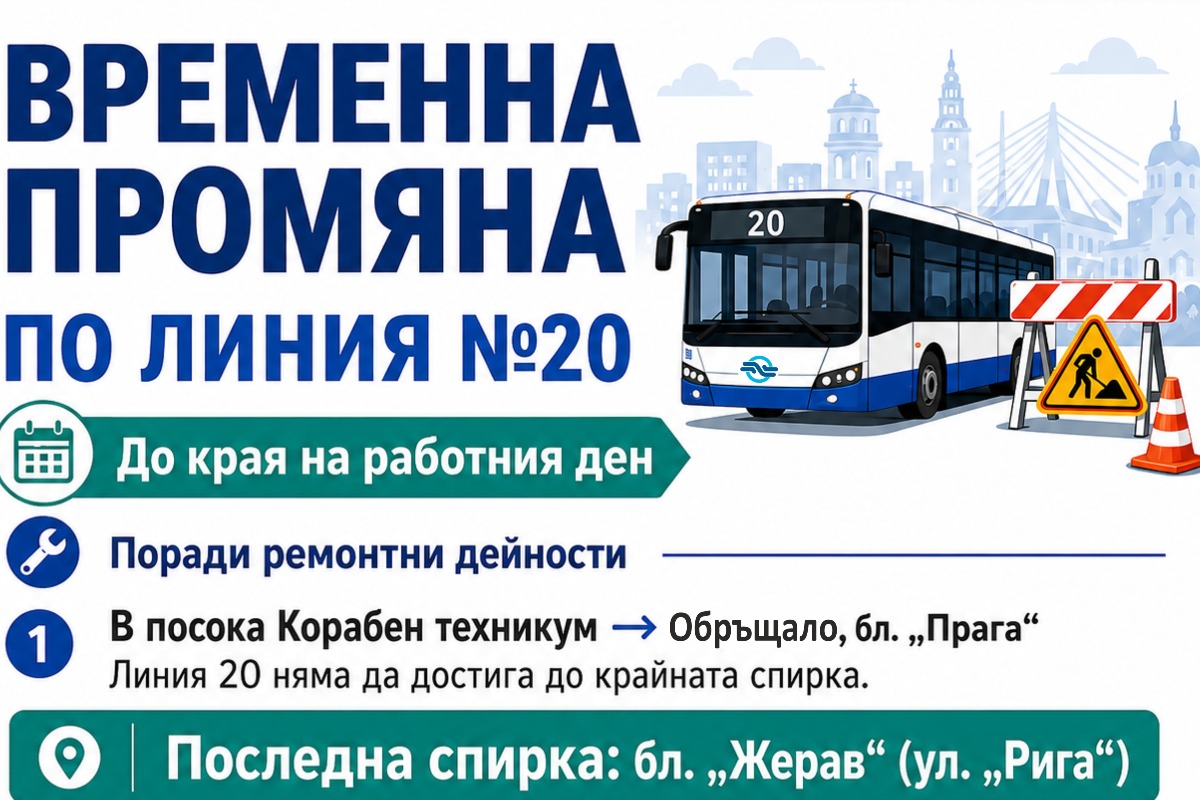 Временна промяна в маршрута на линия №20 до края на работния ден